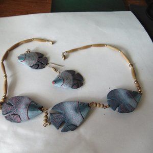 hand painted wood fish necklace & earrings